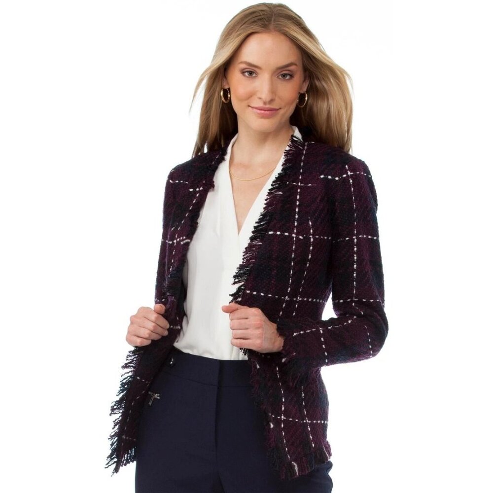 Calvin Klein Boucle Navy Purple Fringe Detail Blazer Jacket Size 8 NWT $149.50